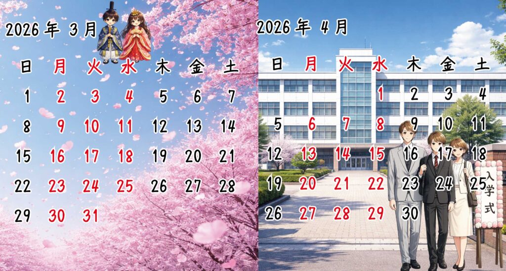 2026年3月、4月　ｶﾚﾝﾀﾞｰ